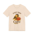 Early Bird Needs the Coffee cozy chickadee t-shirt with steaming mug illustration