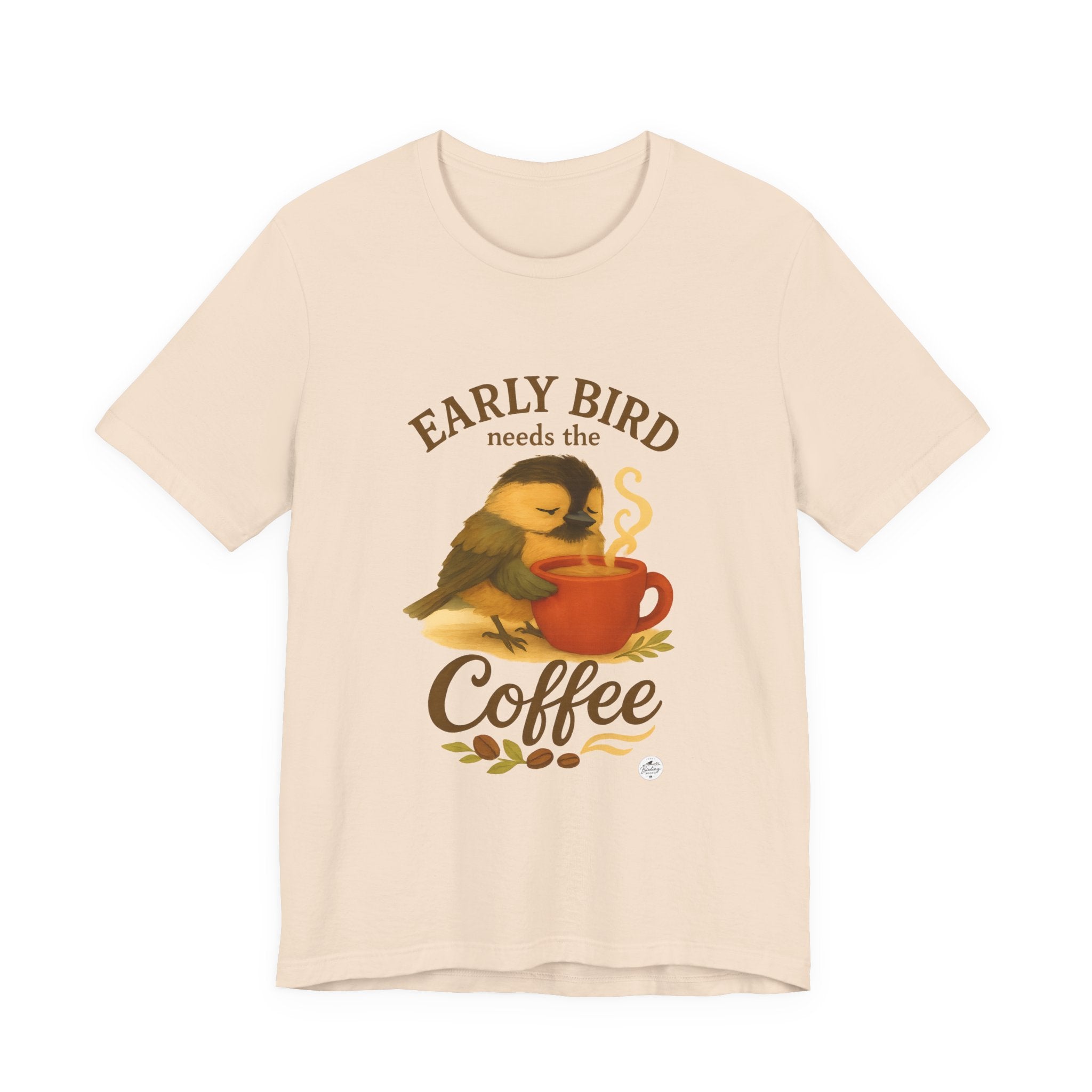 Early Bird Needs the Coffee cozy chickadee t-shirt with steaming mug illustration