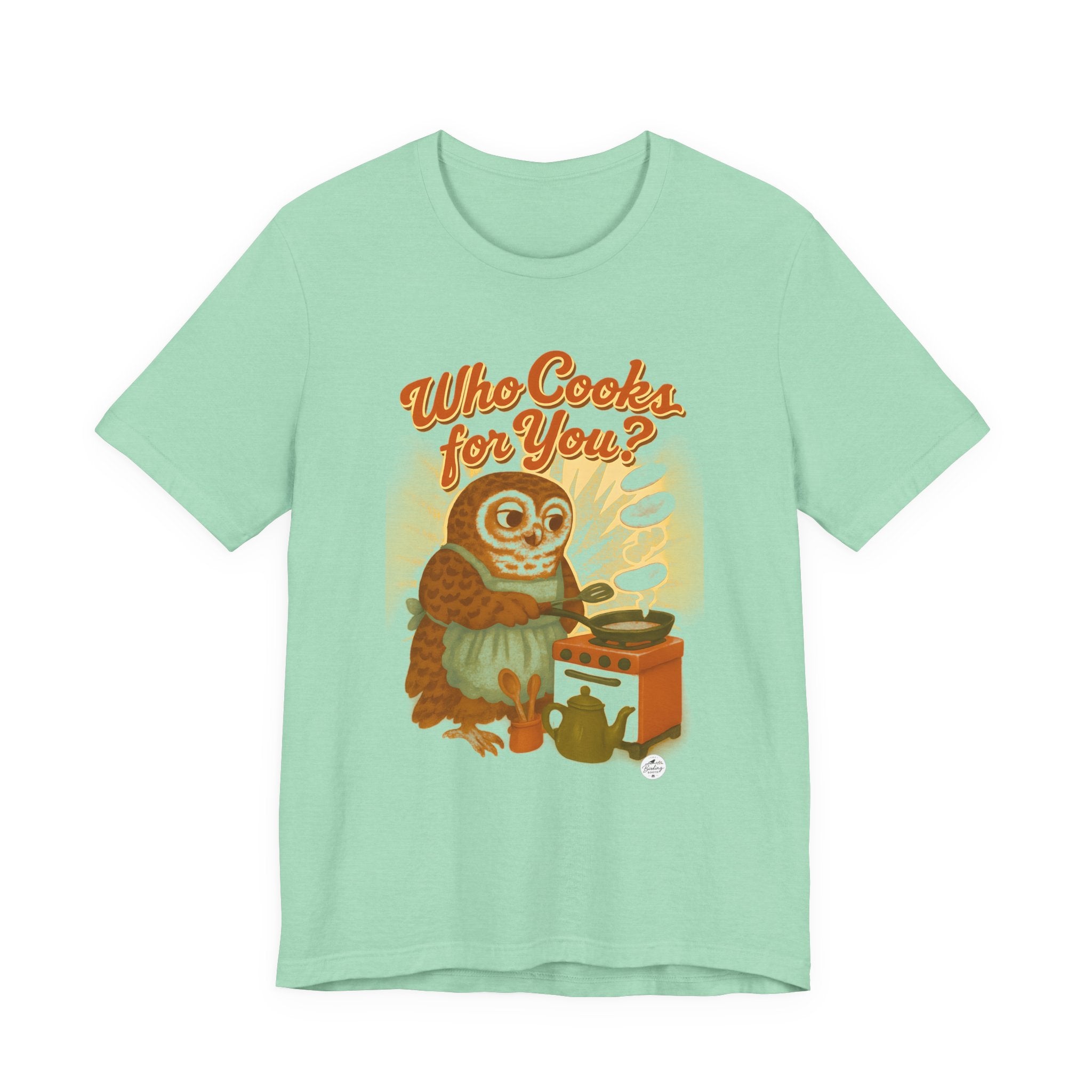 Who Cooks for You barred owl 50s diner bird call t-shirt in heather mint
