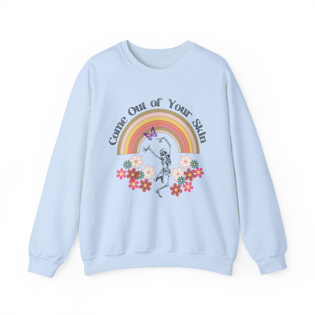 Witty Skeleton "Come Out of Your Skin" Retro Halloween Crewneck, Vintage Floral Skeleton Halloween Sweatshirt, Retro Fall Crewneck