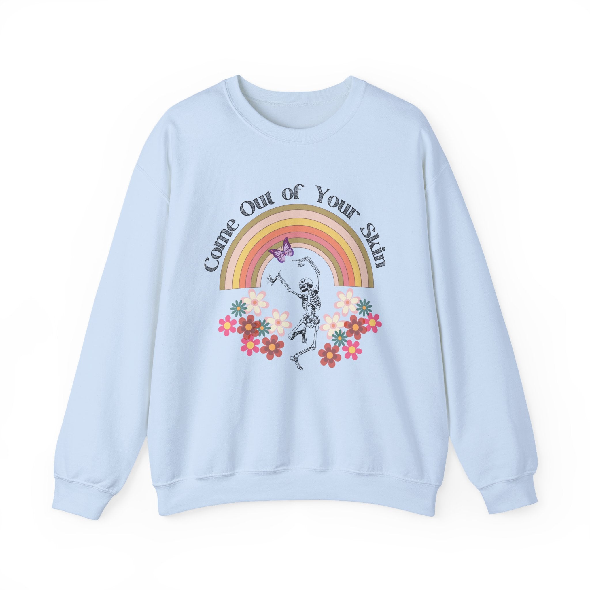 Witty Skeleton "Come Out of Your Skin" Retro Halloween Crewneck, Vintage Floral Skeleton Halloween Sweatshirt, Retro Fall Crewneck