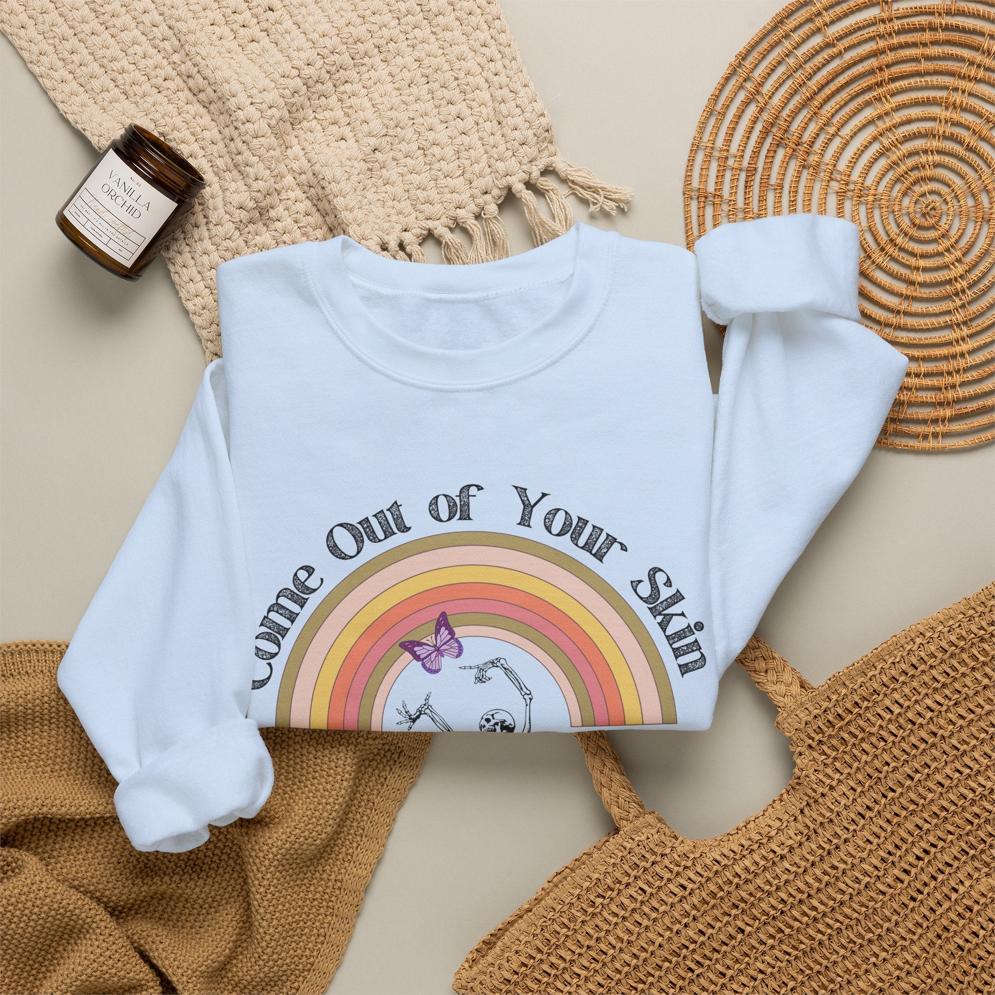 Witty Skeleton "Come Out of Your Skin" Retro Halloween Crewneck, Vintage Floral Skeleton Halloween Sweatshirt, Retro Fall Crewneck