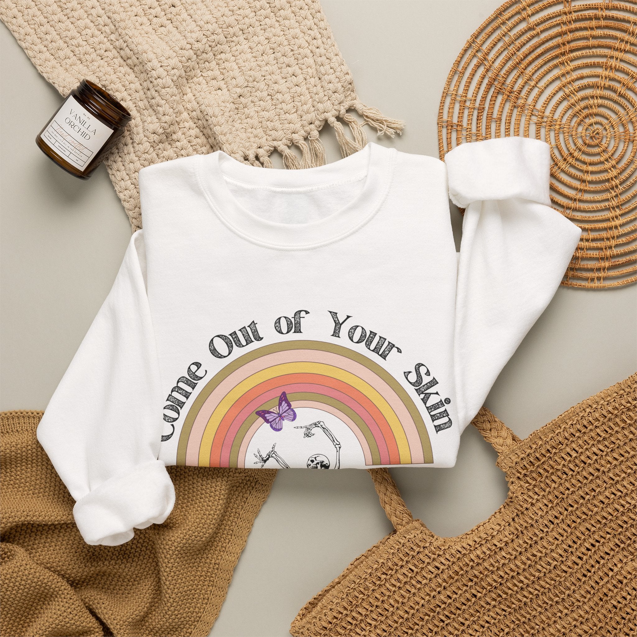 Witty Skeleton "Come Out of Your Skin" Retro Halloween Crewneck, Vintage Floral Skeleton Halloween Sweatshirt, Retro Fall Crewneck