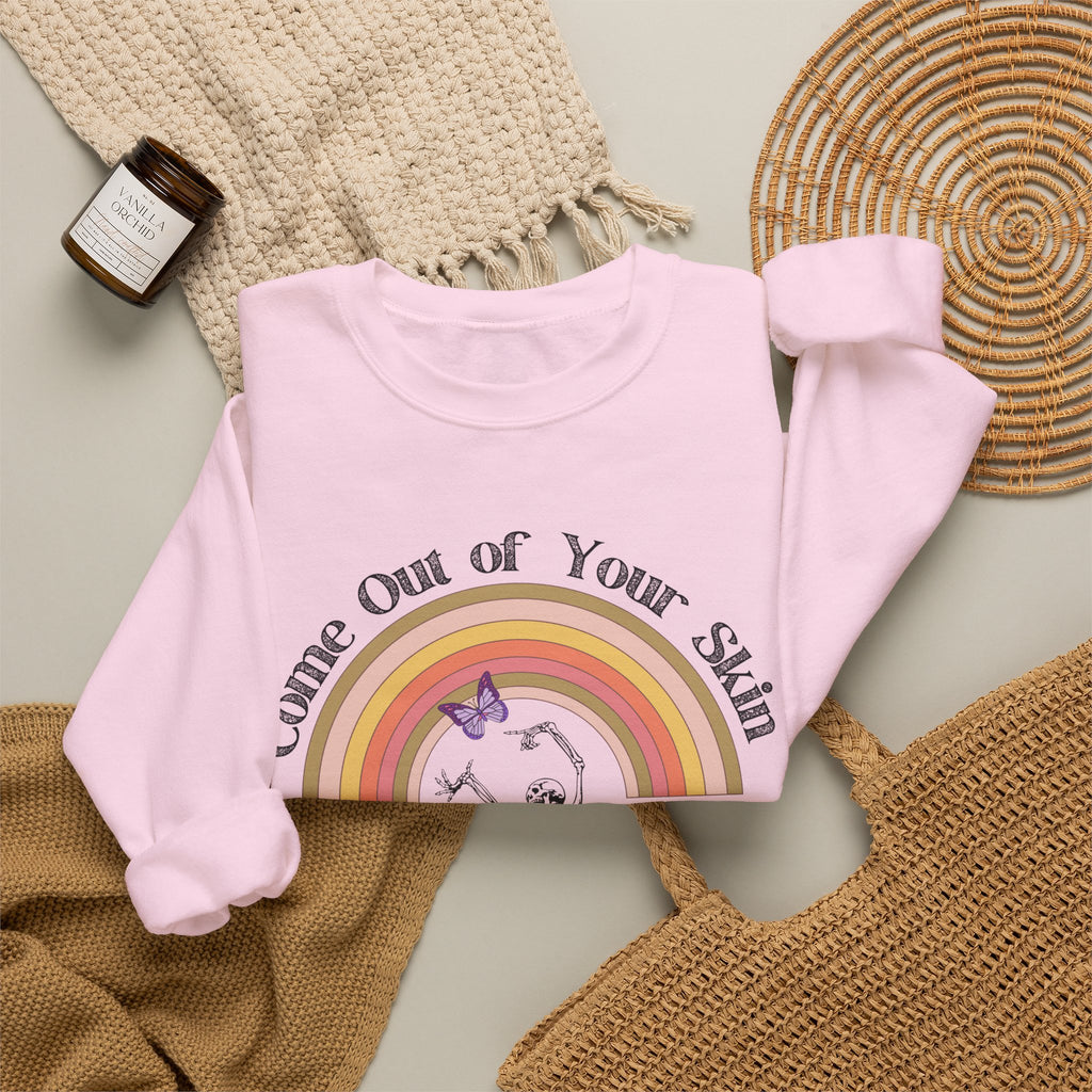 Witty Skeleton "Come Out of Your Skin" Retro Halloween Crewneck, Vintage Floral Skeleton Halloween Sweatshirt, Retro Fall Crewneck