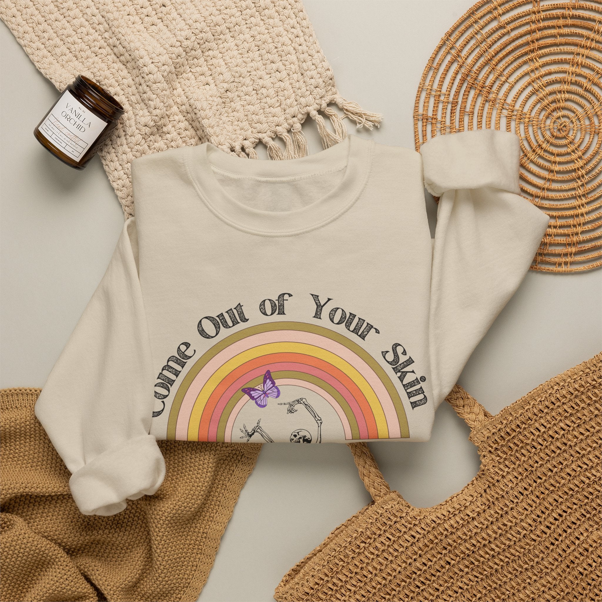 Witty Skeleton "Come Out of Your Skin" Retro Halloween Crewneck, Vintage Floral Skeleton Halloween Sweatshirt, Retro Fall Crewneck