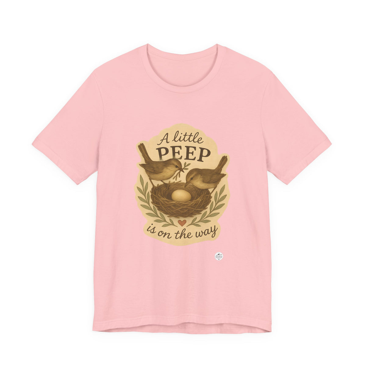 A Little Peep Is On the Way bird baby announcement t-shirt in pink with nest and egg illustration